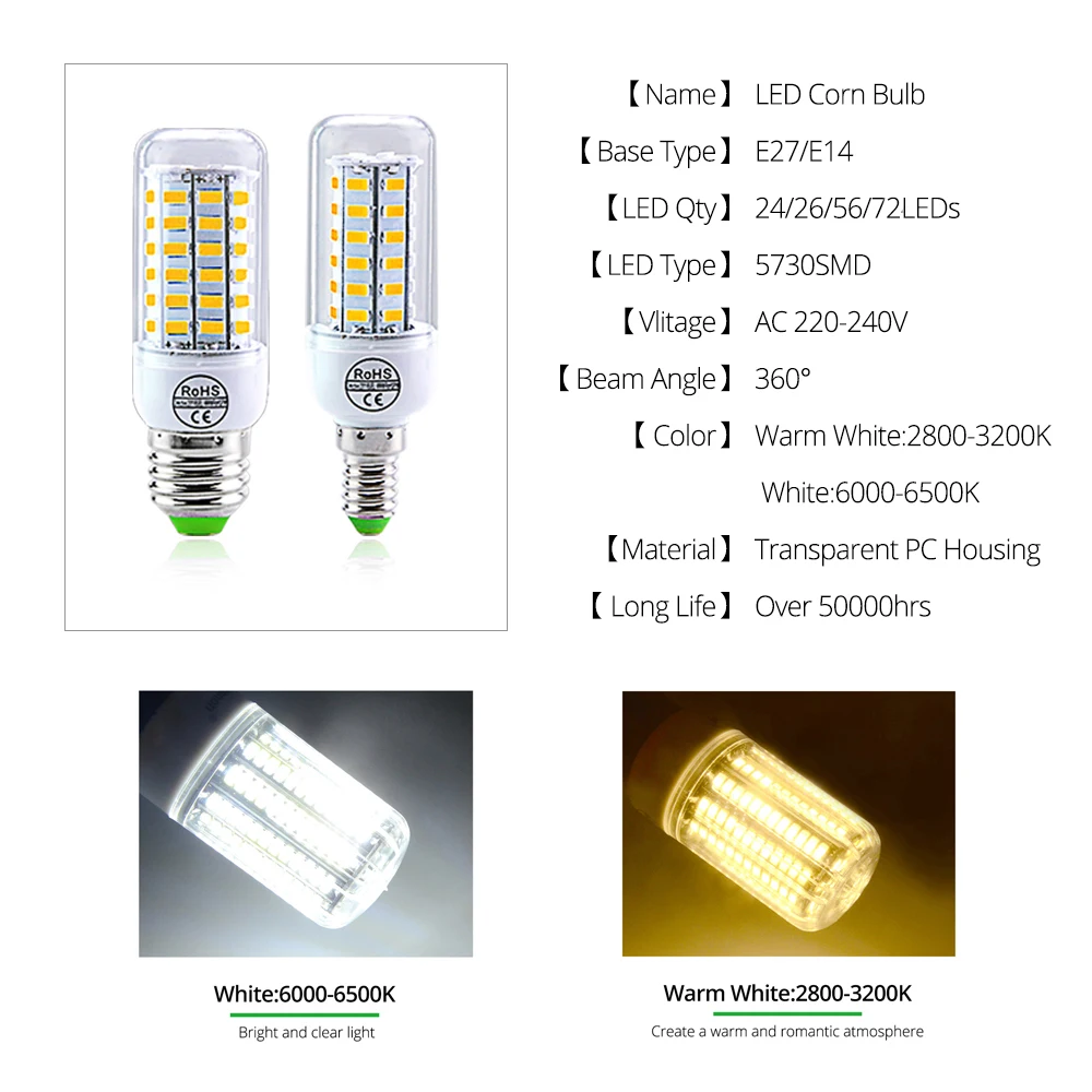 AC 220V E27 LED Lamp E14 Corn Bulb White/Warm Light SMD 5730 24 36 56 72LEDs Lamparas for Home Room Decoration Ampoule LED