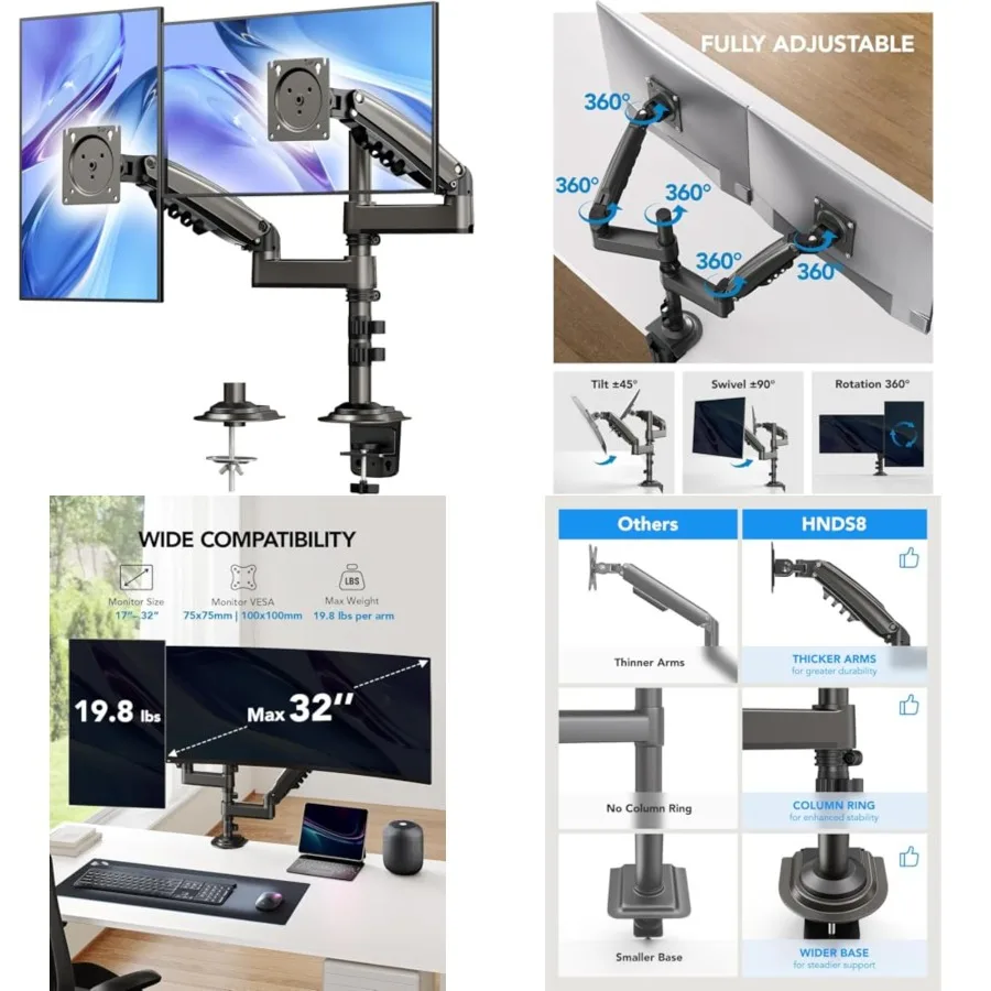 17-32 Inch Dual Monitor Stand, Vertical Dual Monitor Mount, Monitor Stand 2 Monitors, Ergonomic Adjustable Tilt/Swivel/Rotate,
