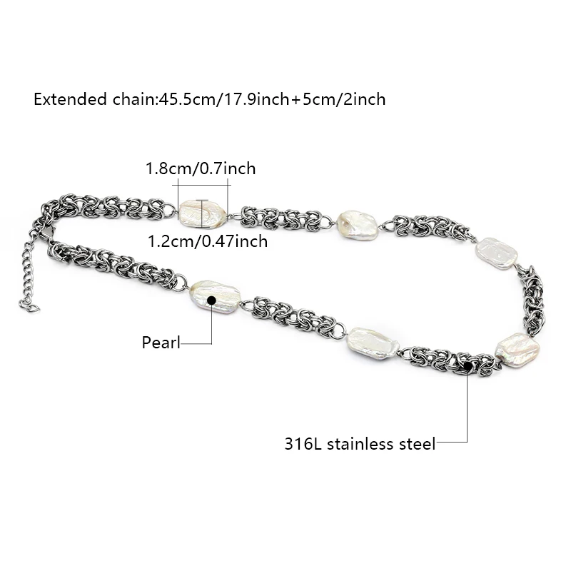 Rectangle Baroque Pearl Twisted Chain Necklace Stainless Steel Silver Irregular Freshwater Pearl Link Necklace Vintage Jewelry