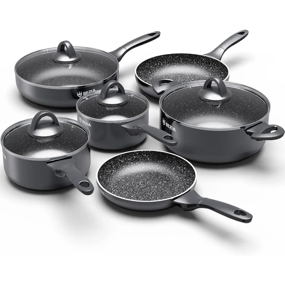 

Set 10 Piece, Dishwasher Safe Nonstick Cooking Pans, Stay-Cool Bakelite Handle, with Frying Pans, Saucepans & Stockpot