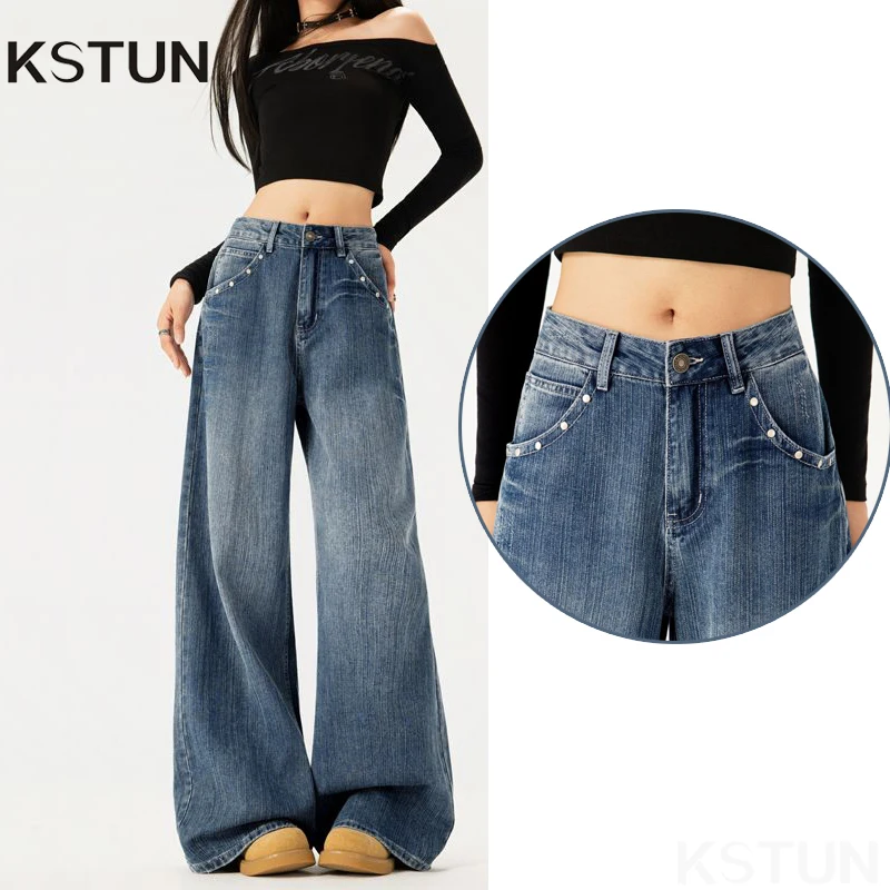 

KSTUN Women's Low Waist Jeans Beading Pockets Baggy Pants Loose Vintage Streetwear Wide Leg Mopping Pants Bamboo Stripes Pattern