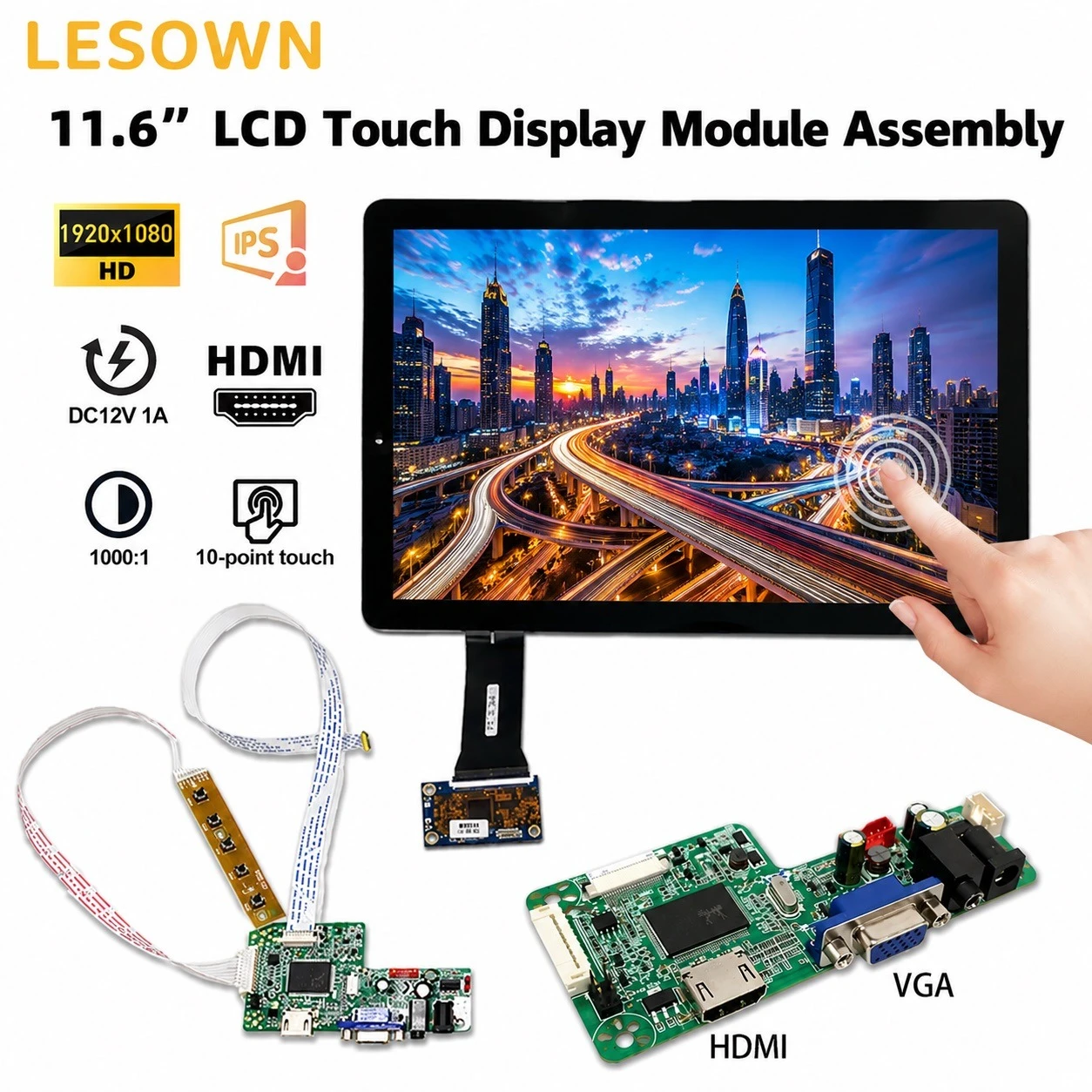 LESOWN 11.6 inch Monitor Panel FHD 1920x1080 300nits Plug & Play for Integrated Devices