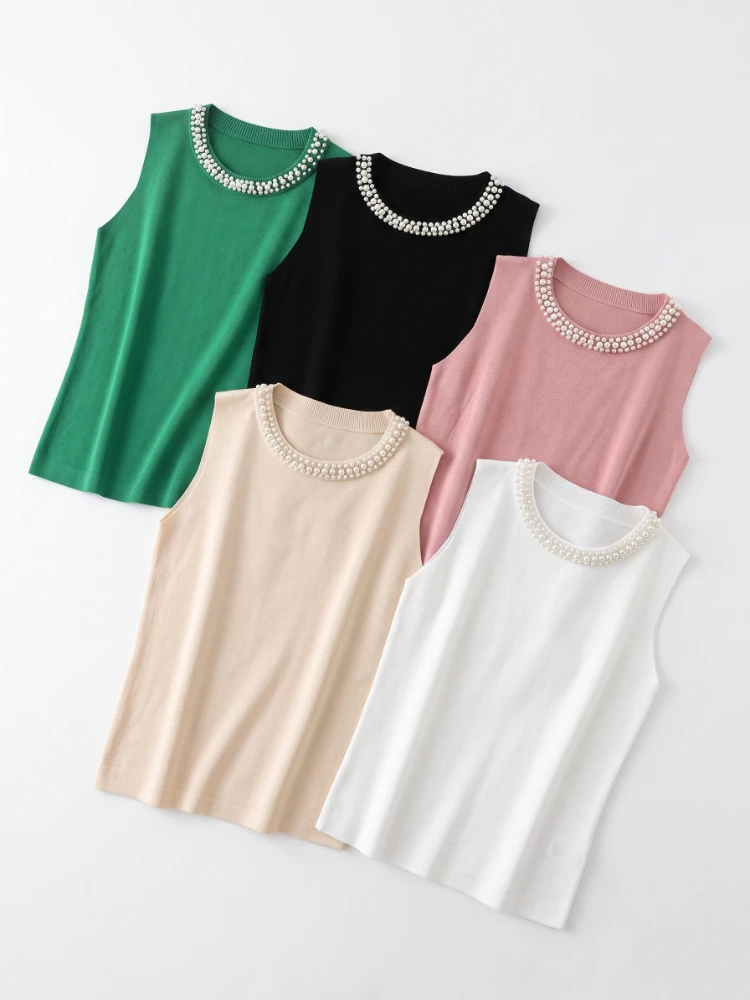 Korea Knitted Vests Women Tank Top Solid Blusas Mujer De Moda 2026 Summer New Fashion Female Sleeveless Beading Casual Thin Tops