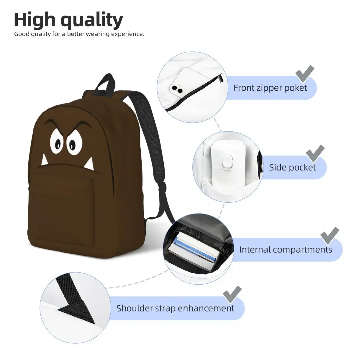 Goomba Face Game Daypack para homens e mulheres, mochila escolar, presente médio alto da faculdade, estudante