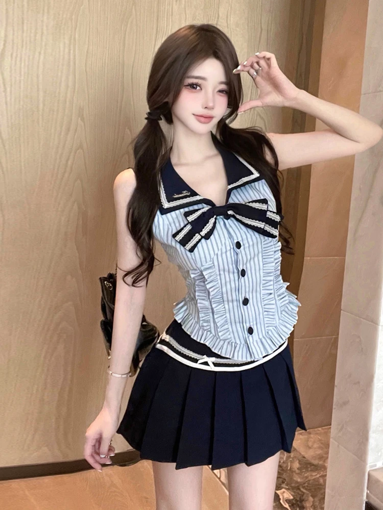 Pure Desire Conjunto de saia vintage com nó borboleta e tras sem ombros, sem mangas, para mulheres jovens, moda verão, mis...