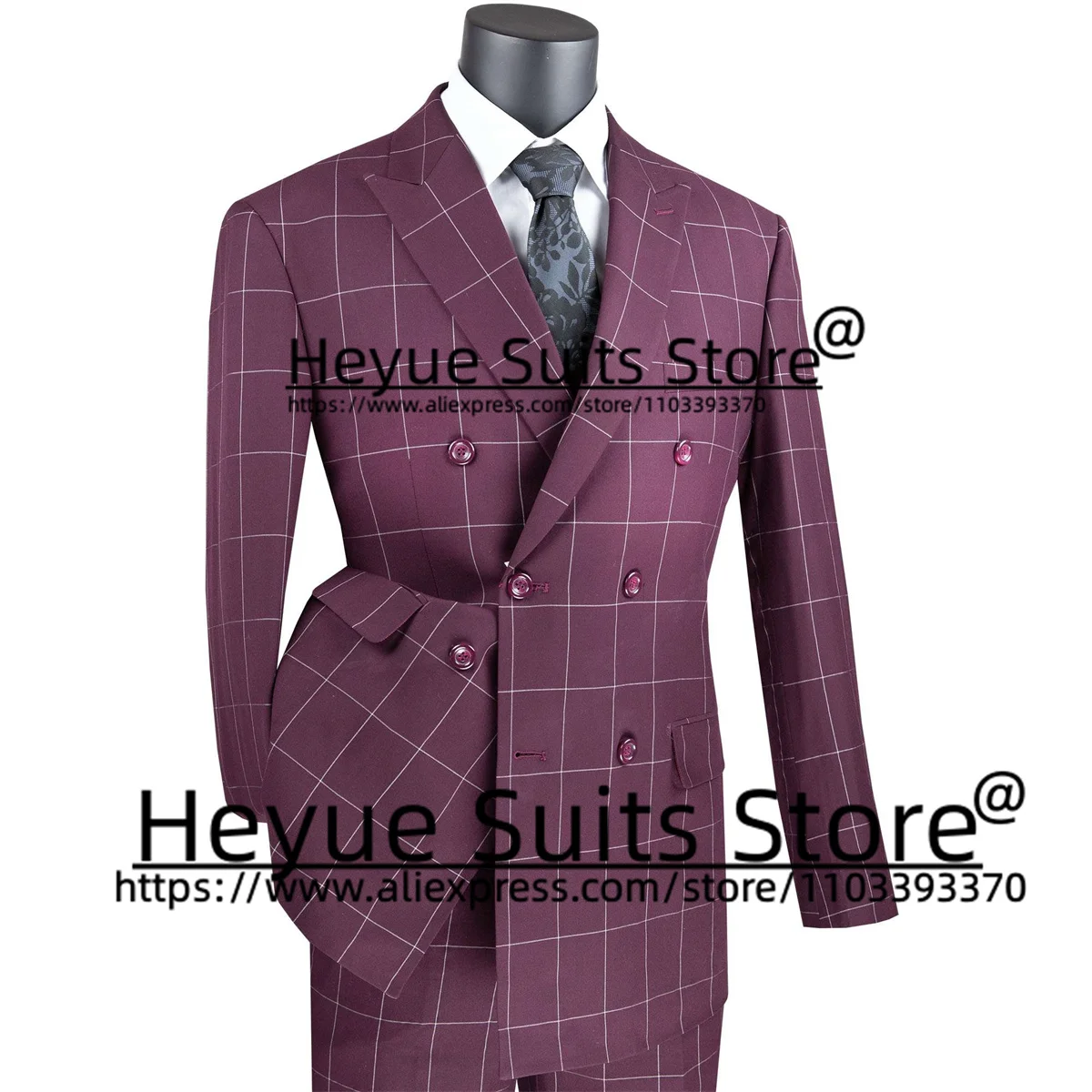 Business Blue Plaid Double-breasted Men Suits Slim Fit Notched Lapel Groom Formal Tuxedos 2 Pieces Sets High Qublity Male Blazer