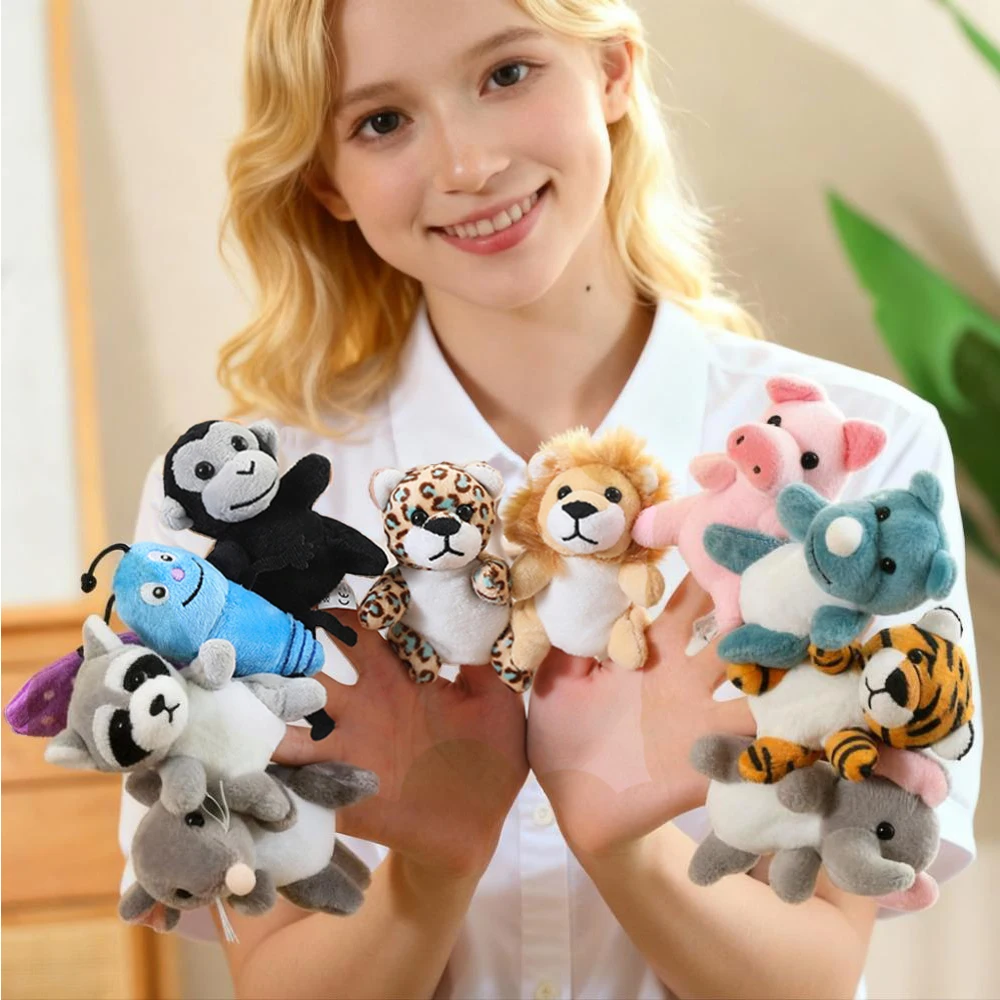 Serie di animali Burattini da dito in peluche Tigre Koala Scimmia Volpe Giraffa Zebra Anatra Leopardo Ragazzo Ragazze Bambini Gioco di ruolo Vestire Regalo morbido