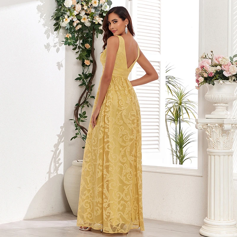 Women Summer 2025 Elegant Sleeveless V Neck Backless Yellow Lace High Waist Prom Cocktail Evening Party Long Maxi dresses