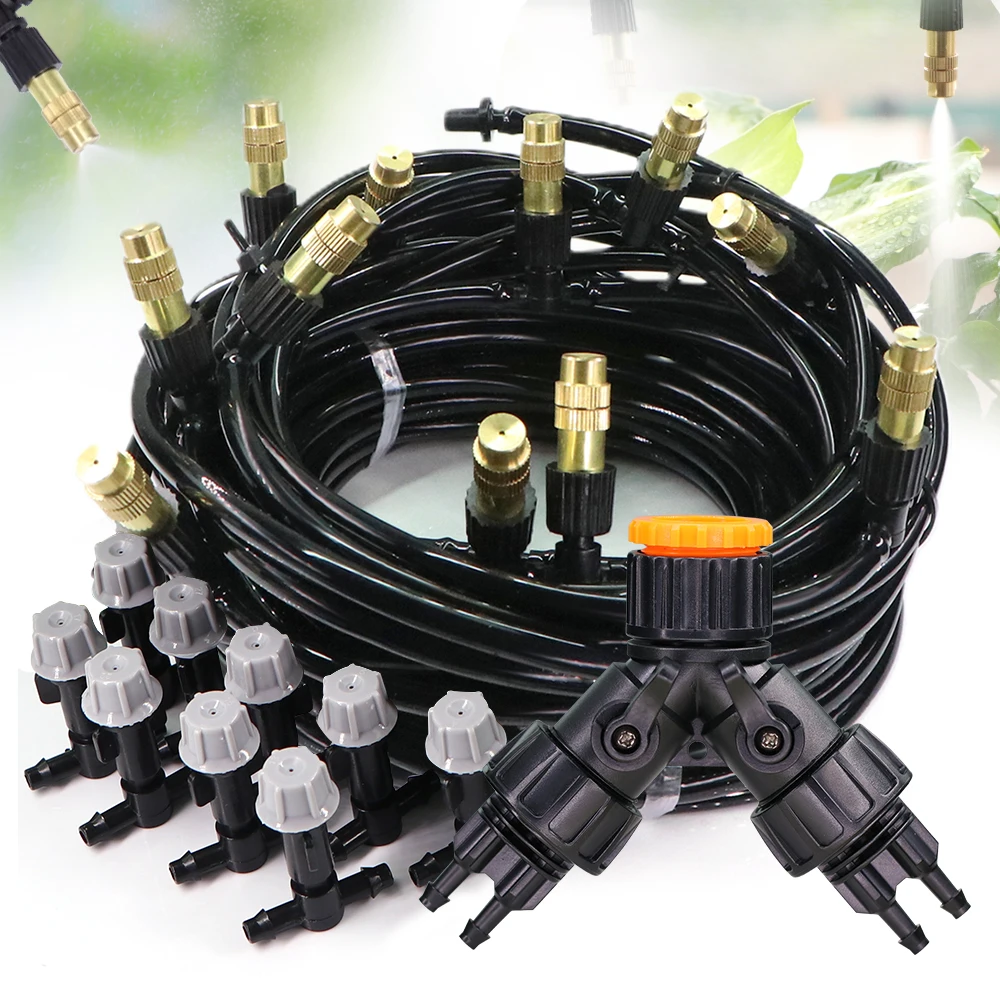 

5M-50M Garden 1/4'' Hose Brass Nozzles Spray Kit for Courtyar Plant Misting Cooling System Outdoor Greenhouse Fogging Irrigation