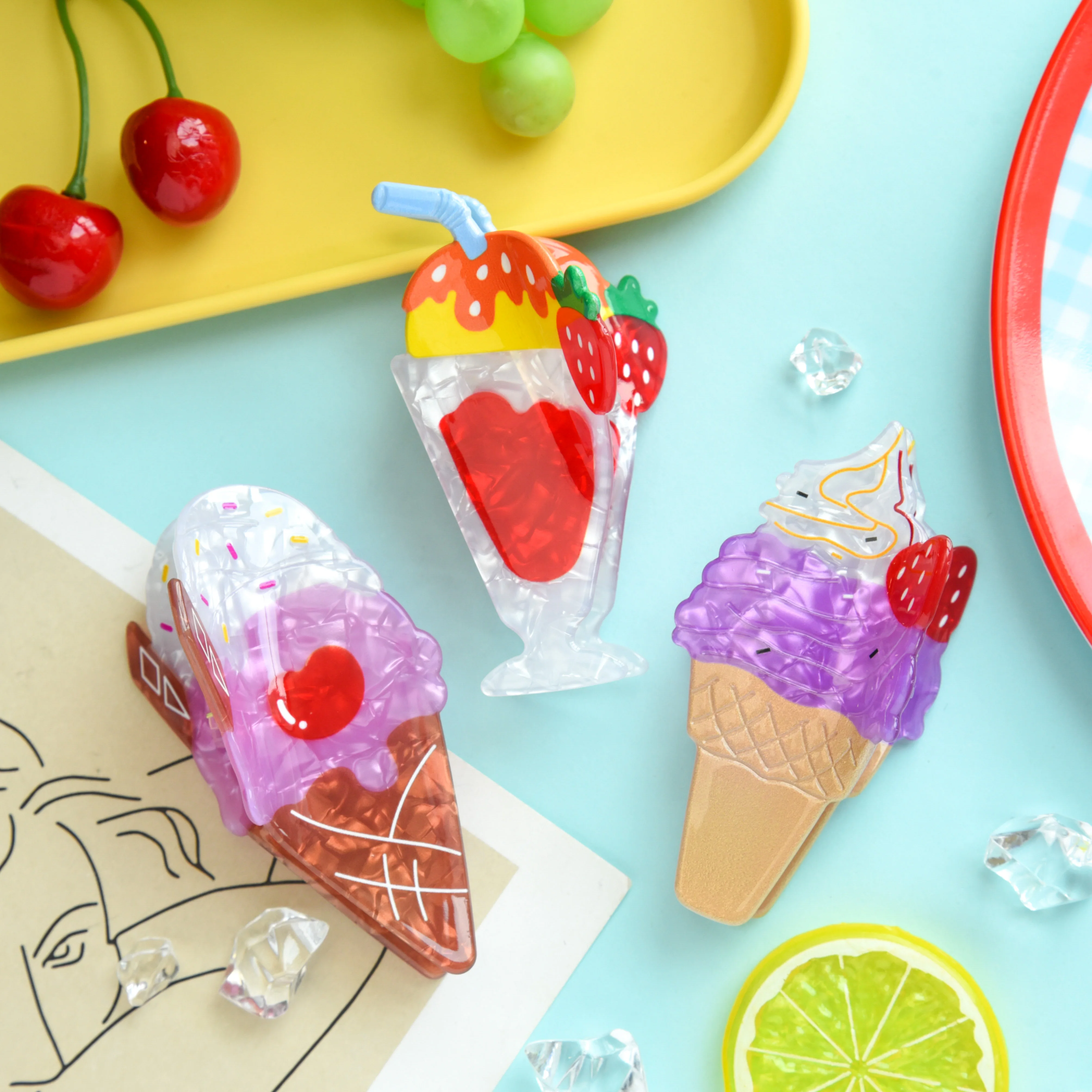 

NEW Summer Ice Cream Cone Hair Claw Acrylic Claw Clips Cherry Strawberry Ice Cream Hair Clips Hair Accessories for Women Girls