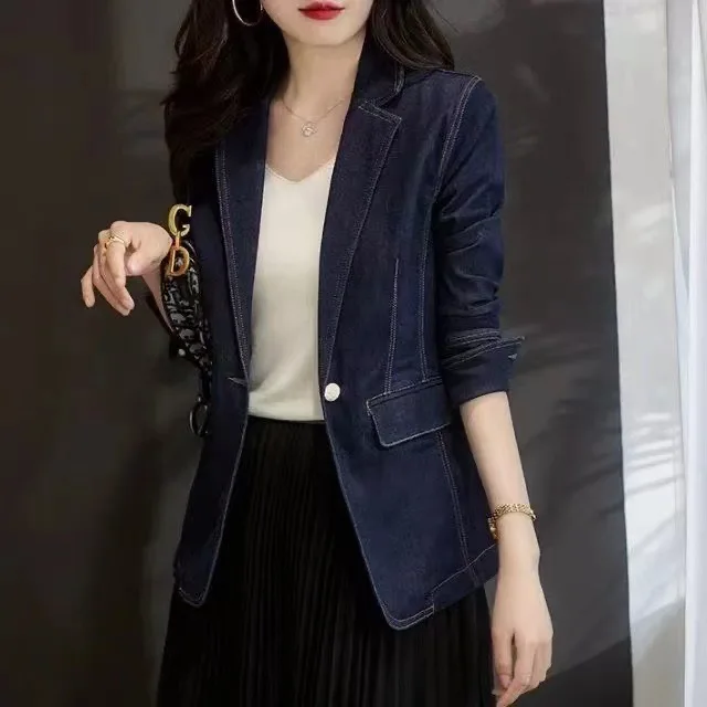 High Quality Denim Blazers Short Design Single Button Jean Coat Female Vintage Navy Blue Long Sleeve Slim Notched Suit Jacket