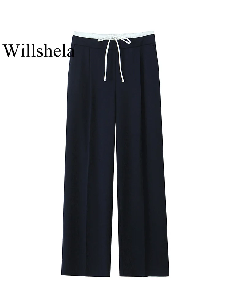 Willshela Women Fashion Solid Lace Up Side Zipper Straight Pants Vintage High Elastic Waist Female Chic Lady Trousers