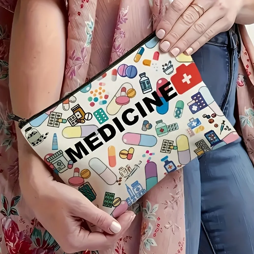 Medical themed travel cosmetic bag, lightweight foldable with zipper closure. Durable fabric printed with pills and syringes. Be