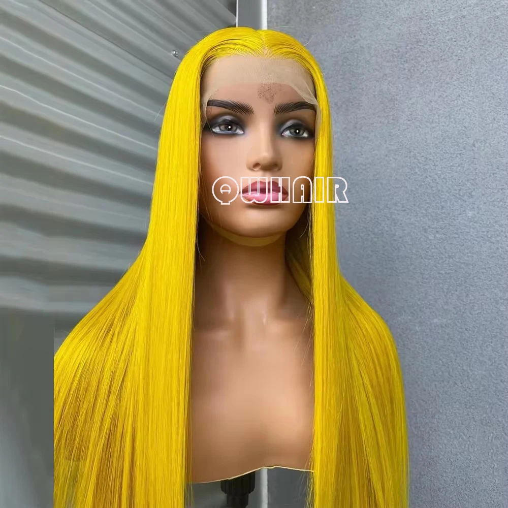 QW Synthetic Hair Bright Yellow  Straight 13X4 Soft  Lace Front Wig For Women Hair Heat Resistant Fiber Cosplay  Daily