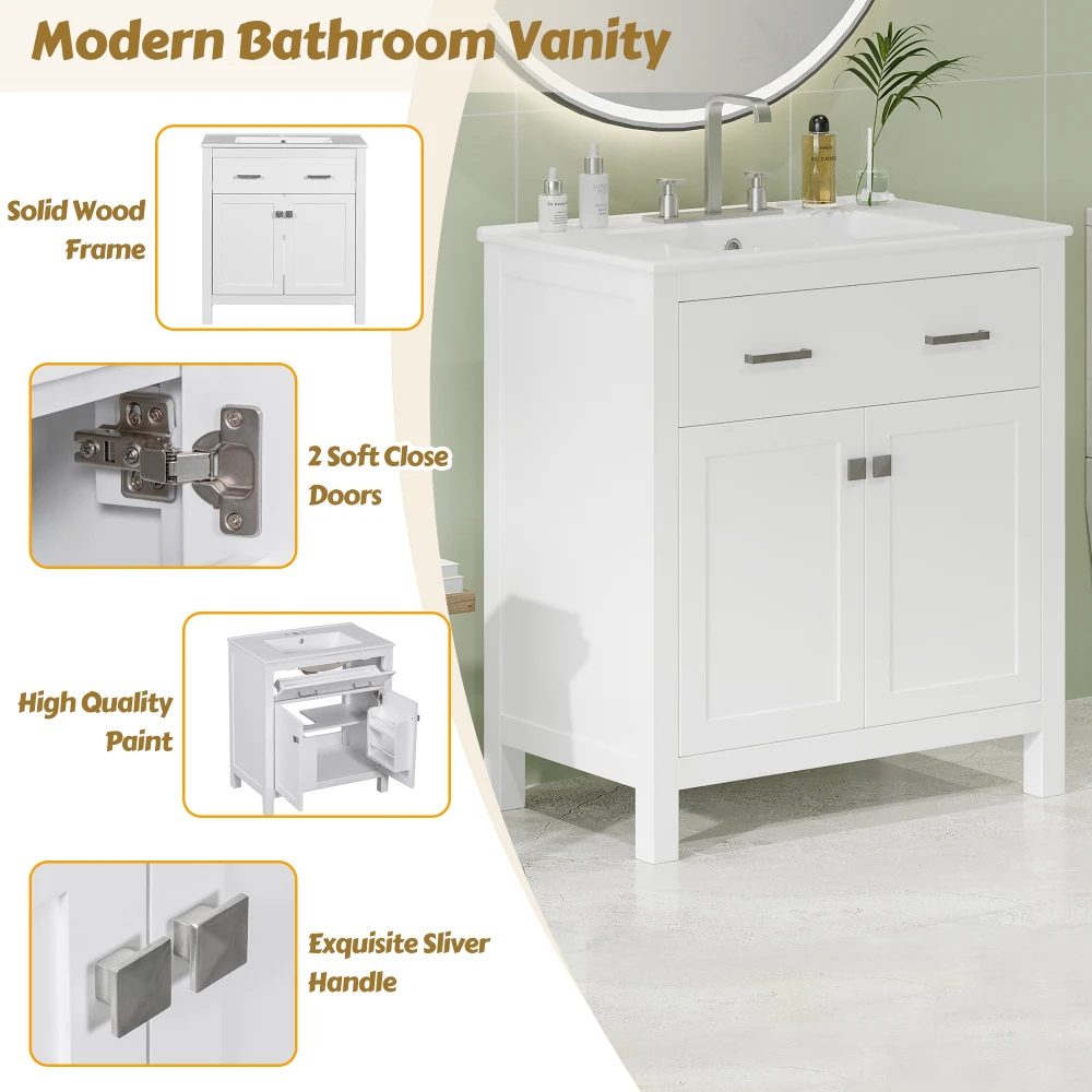 30 Inch Bathroom Vanity with Ceramic Sink, Modern Bathroom with 2 Doors and 1 Shelf, Soft Closed Door Bedroom Furniture