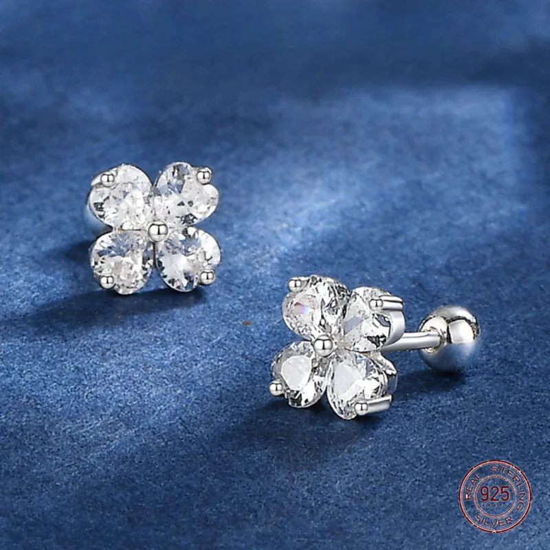 925 Sterling Silver Four Leaf Flower Heart Stud Earrings for Women Shiny Love Inlaid Zircon Plant Korean Earring Fashion Jewelry