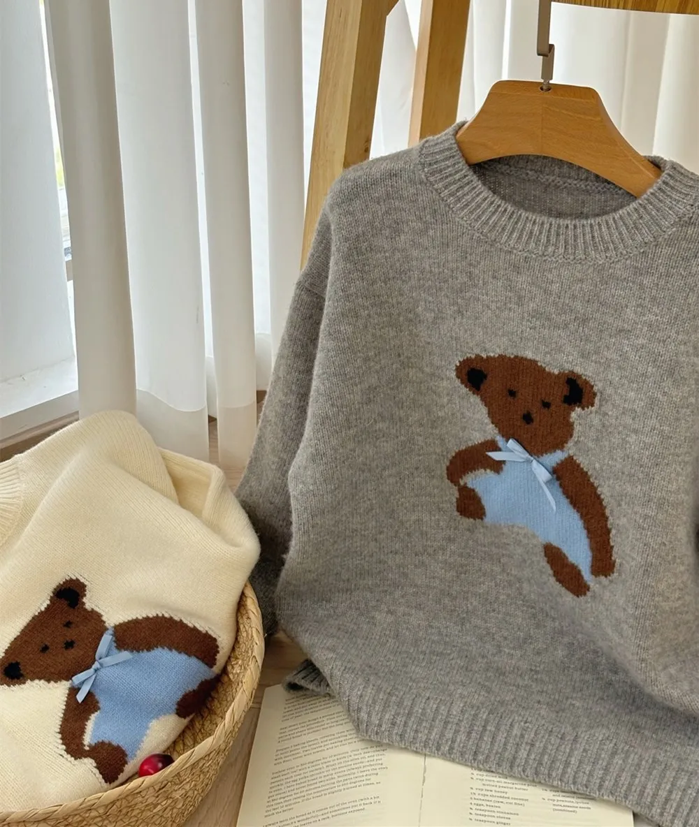 سترة رمادية للأولاد والبنات منقوشة برسوم كرتونية سترة صوف عصرية دافئة ومريحة