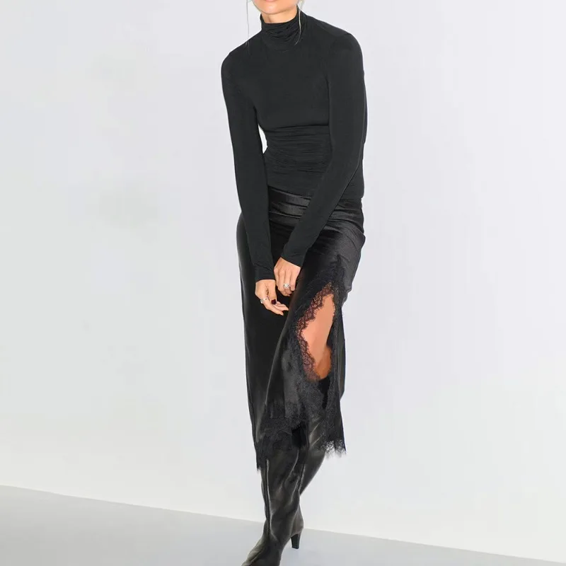 Talenza Gonne sexy in raso di pizzo Moda Solid Lace-Up Patchwork Gonna lunga a vita alta Lussuosa ed elegante nuova gonna da festa da donna