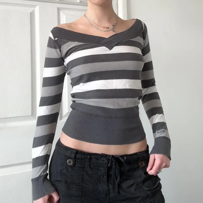 

Ретро полосатый свитер контрастного цвета с v-образным вырезом женский тонкий повседневный пуловер шерстяной топ