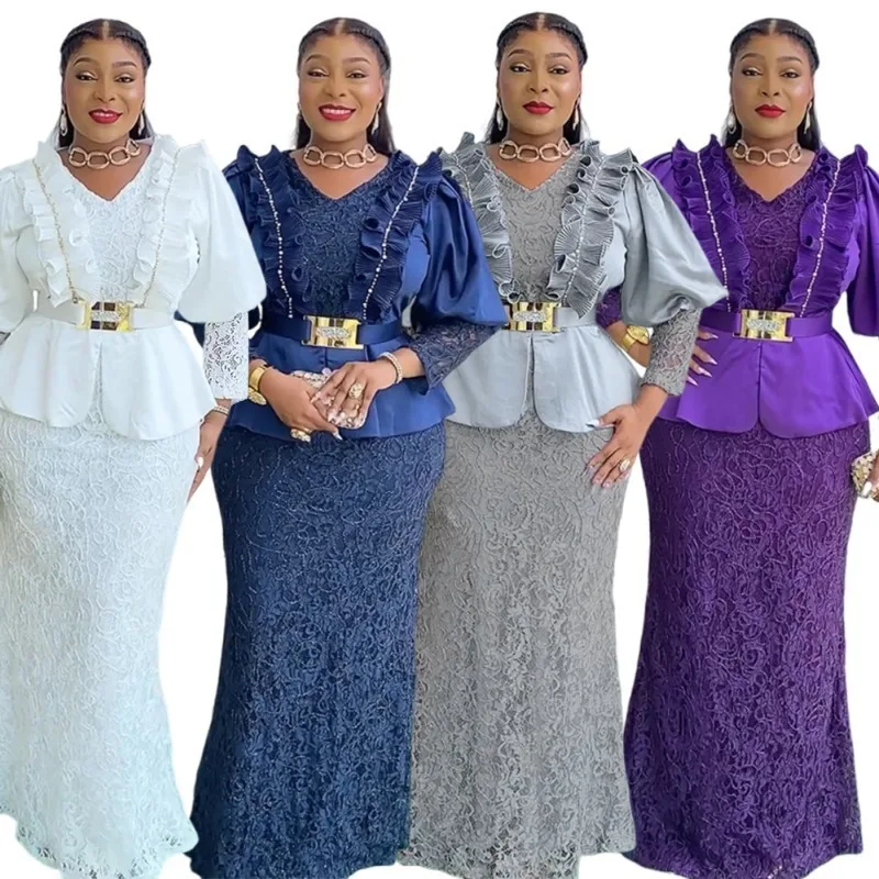 

Plus Size African Party Dresses for Women 2025 New Fashion Dashiki Ankara Lace Wedding Gowns Elegant Turkey Muslim Maxi Dress