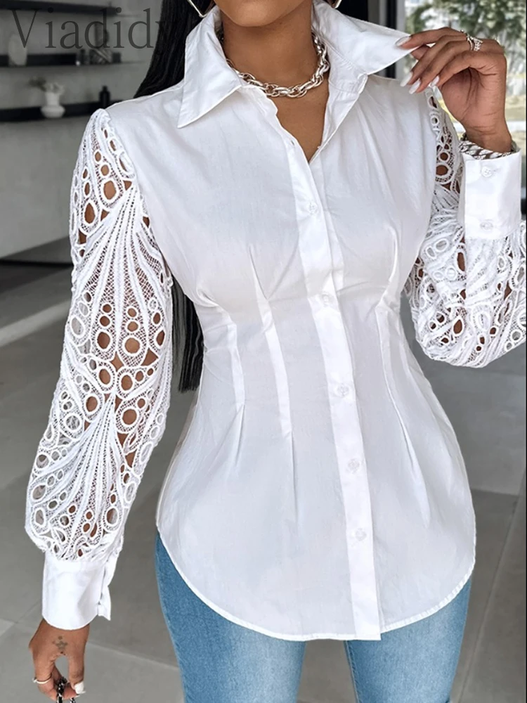 Women Turn-down Collar Lantern Sleeve Eyelet Embroidery Women Shirt