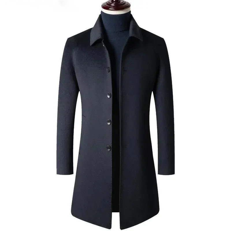 

Autumn Winter Thickened Warm 100% Wool Jacket Men's Mid Length Polo Collar Casual Woolen Trench Coat Men Abrigos Hombre