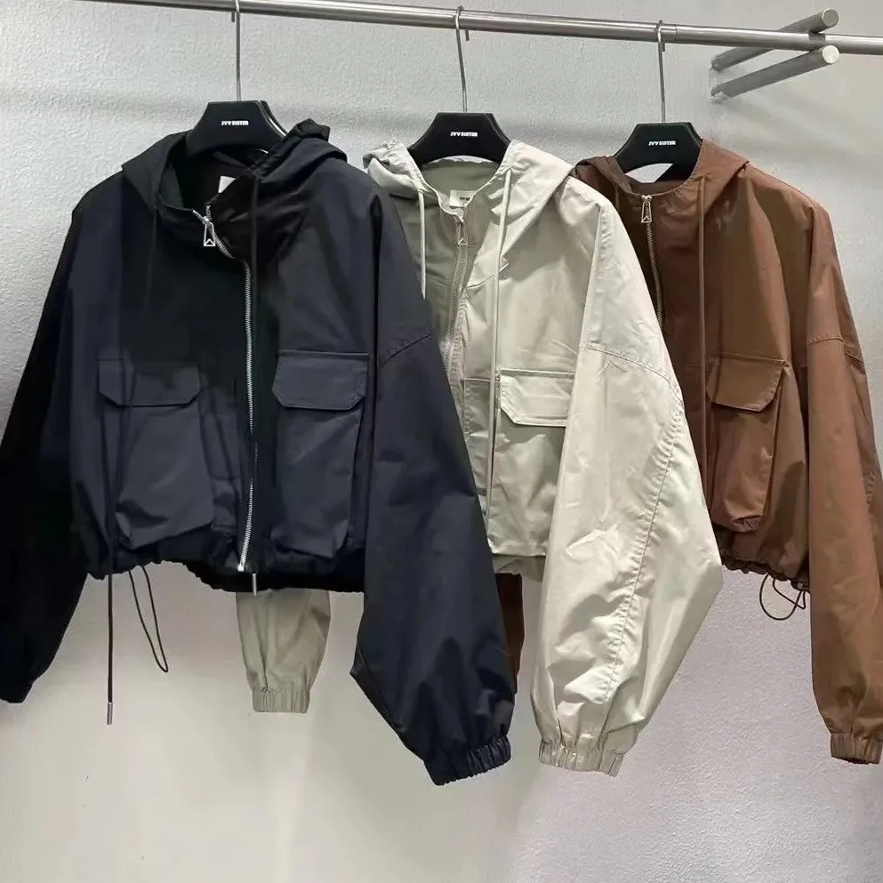 

Корейская мода Harajuku укороченная куртка женская ветровка с капюшоном на молнии пальто осенняя одежда Y2k винтажная уличная верхняя одежда
