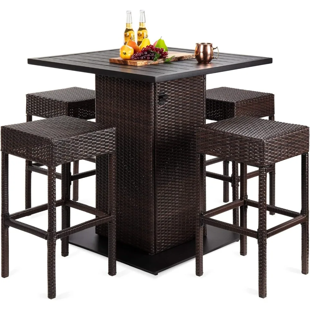 5-Piece Outdoor Wicker Bar Table Set for Patio, Poolside, Backyard w/Built-in Bottle Opener, Hidden Storage Shelf, Metal Tablet