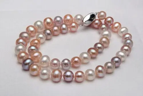 AAA 8-9mm Natural South China Sea Authentic White Pink Purple polychrome Round Pearl Necklace 18-Exquisite jewelry