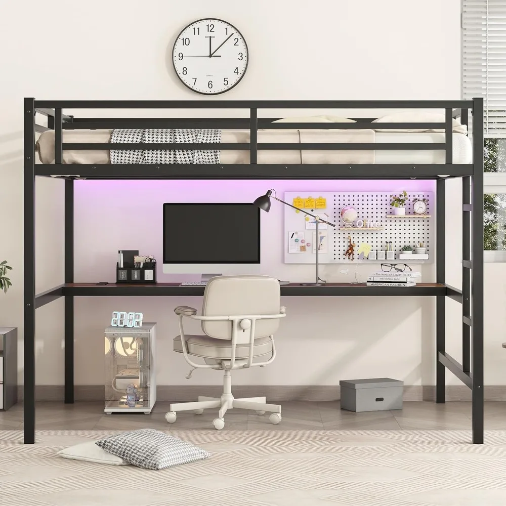 Full XL Loft Bed with Desk, LED Lights & USB Ports,Twin XL Metal Loft Bed with Safety Guardrails and Ladder,No Box Spring Needed