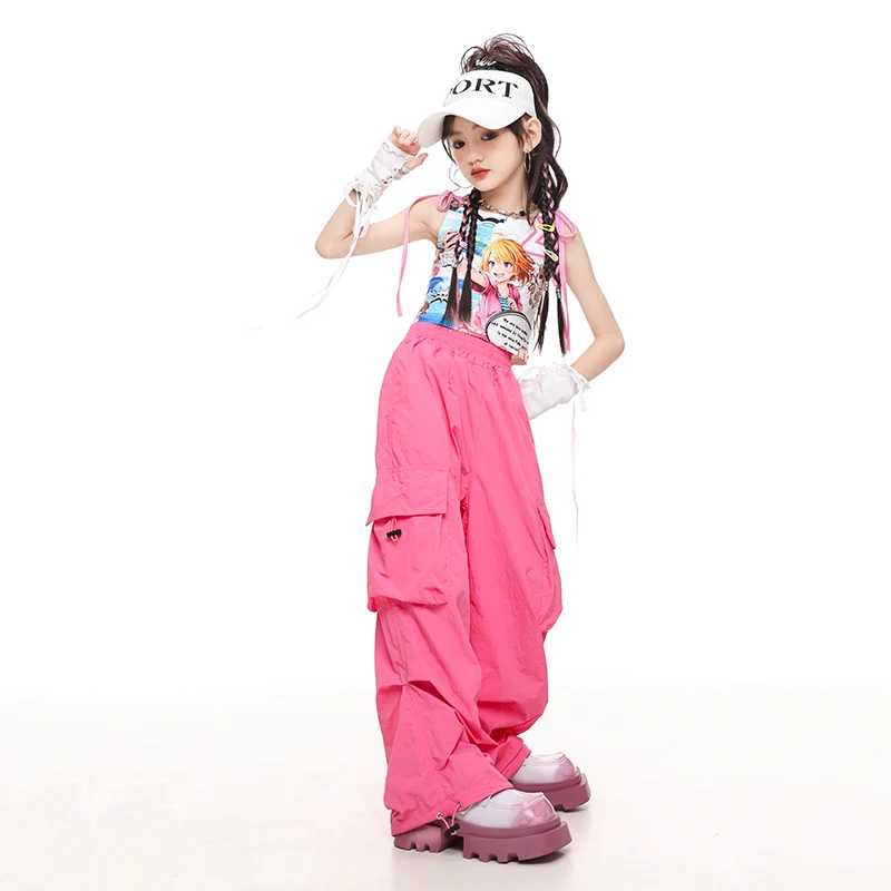 Ragazze Hip Hop Dolce Crop Top Street Dance Pantaloni cargo rosa T-shirt per bambini Pantaloni cargo Bambini Streetwear Jazz K-pop Set di vestiti