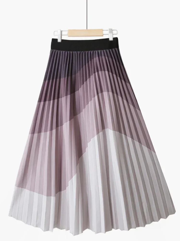 

Fashion Gradient Pleated Skirt for Women 2024 Spring Summer Korean A Line High Waist Midi Long Female Z520