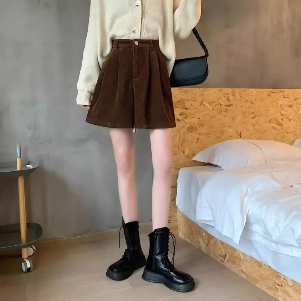 Simple High Waist Women Corduroy Shorts Stripe Elastic Wide Leg Short Pants Large Size Two Pockets Loose Streetwear Beachwear