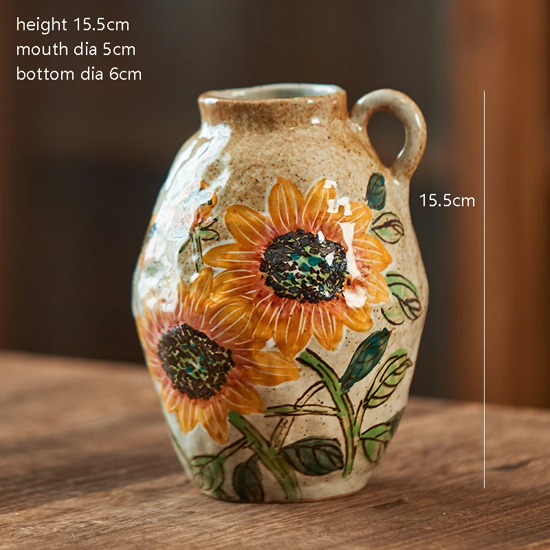Ceramic Vase Decoration Living Rroom Flower Retro Flower Vase One Ear Hand-painted Happy Words Sunflower Pottery Jar