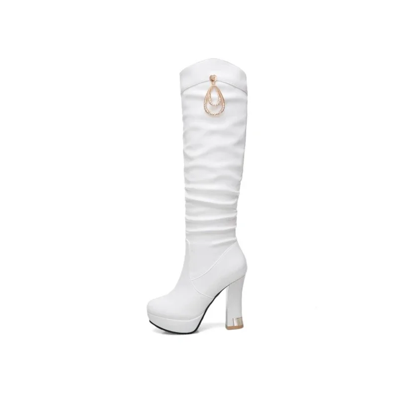Genou bottes hautes femmes Sexy mode côté fermeture éclair bout rond hiver chaud en peluche blanc noir talons hauts longue plate-forme bottes K1-4