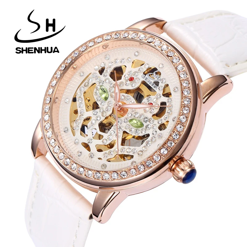 

SHENHUA Fashion Rhinestone Leopard Head Dial Ladies WristWatch Skeleton Automatic Self-Wind Watches Women Mechanical Watches