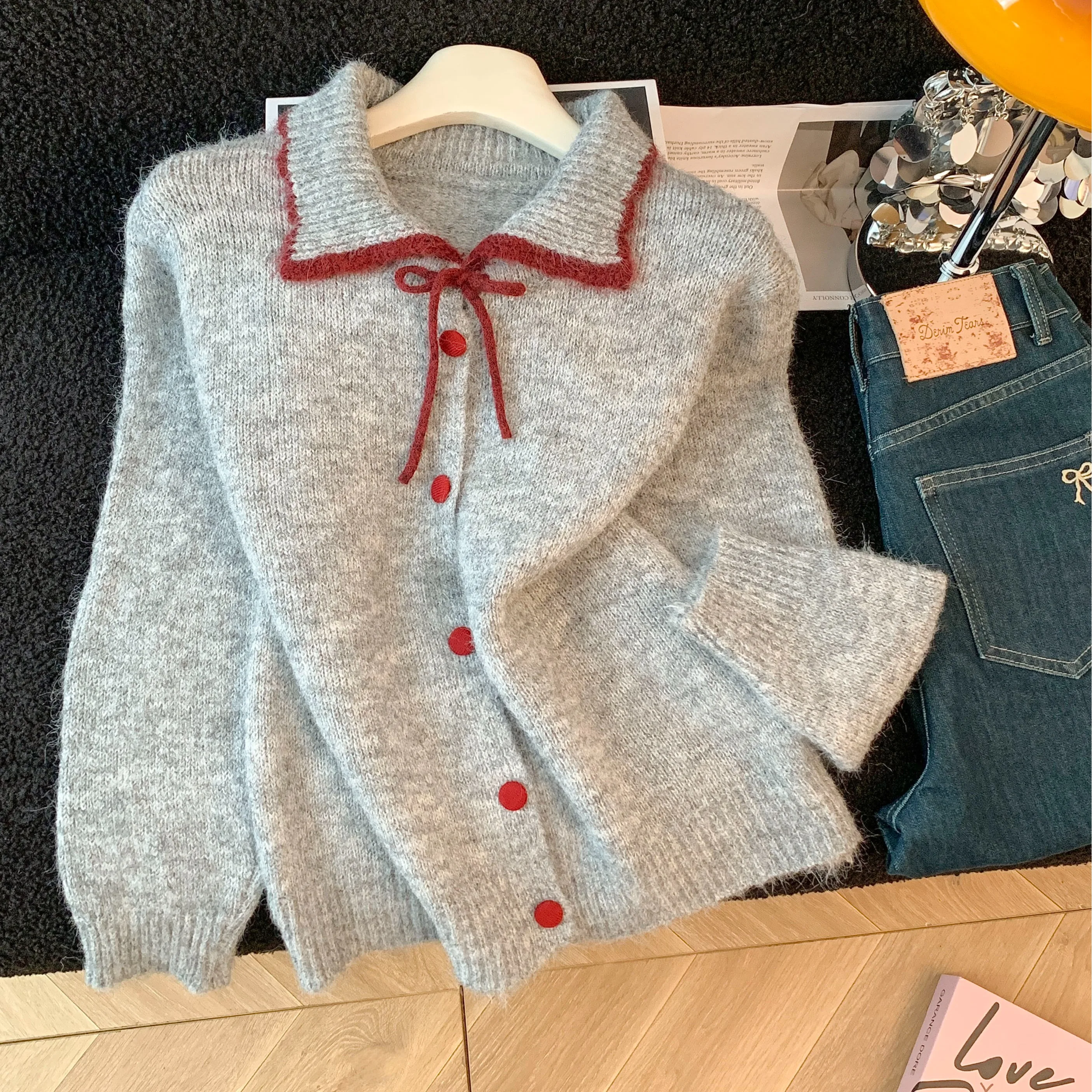   كارديجان طويل محبوك على الطراز الكوري للنساء، ملابس خارجية أنيقة من ألياف البوليستر لموسم الشتاء