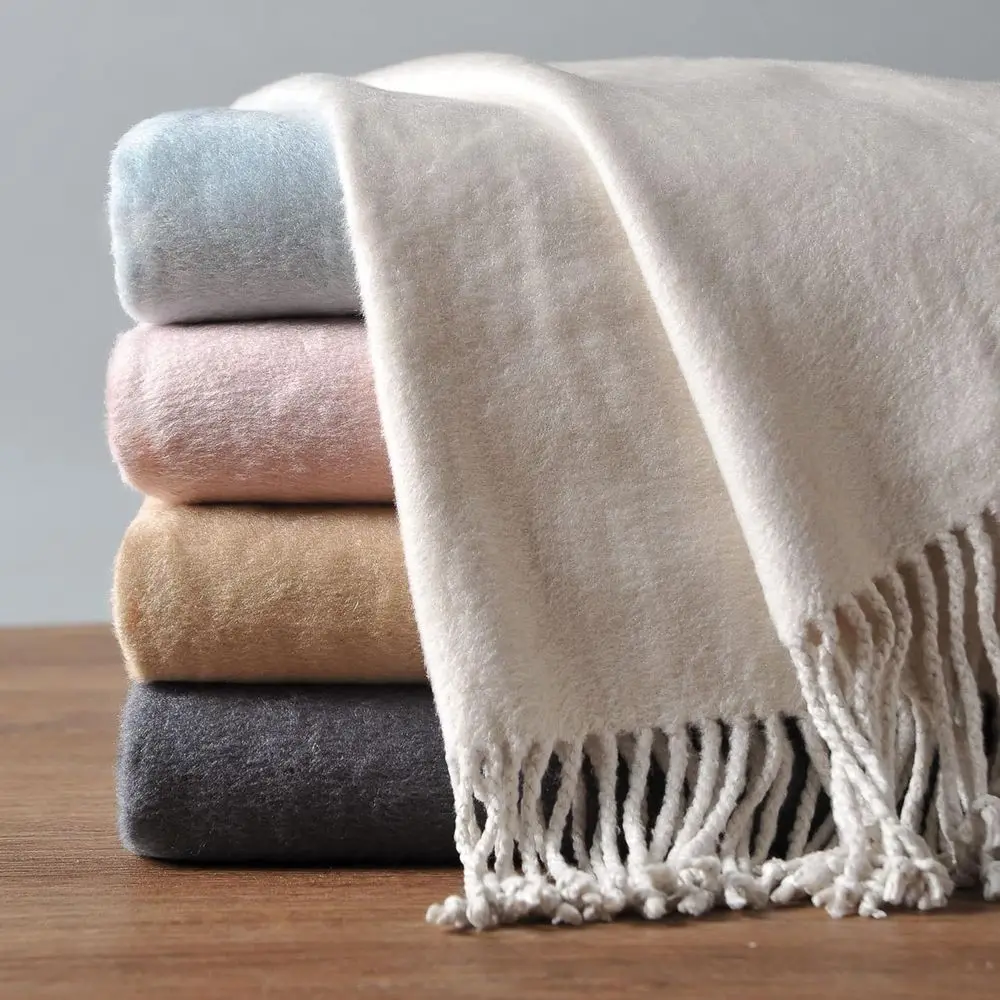 

Fringed Mulberry Silk Throw Blanket for Sofa (Whisper White)