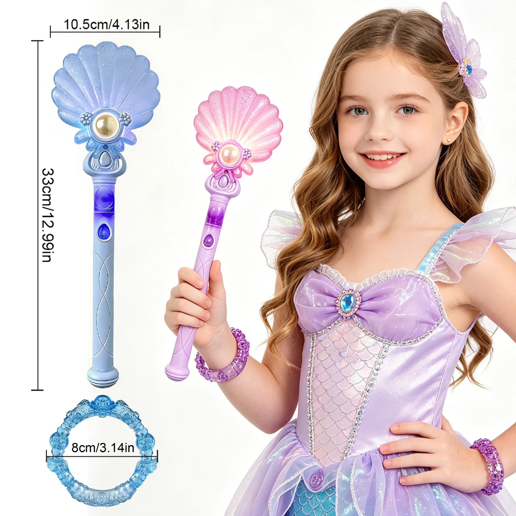 Two-Piece Princess Role-Play Prop Set, Shell Princess Magic Wand and Prop Bracelet, Dreamy Princess Shell Wand and Bracelet, Glowing and Sound-Making Fairy Wand, Perfect Gift for Girls, Holiday Party Role-Play Props, Stage Performance Props, as Birthday Gifts, Holiday Gifts, Party Gifts, Halloween Gifts, Christmas Gifts