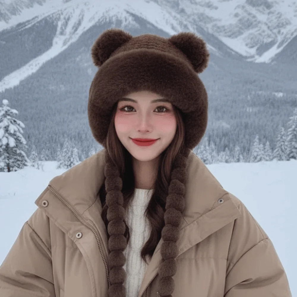Fleece Lined Pompom Braids Hat Striped Knit Soft Yarn Fleece Knit Beanie ElasticThick Fur Brim Earflap Winter Cap Girls