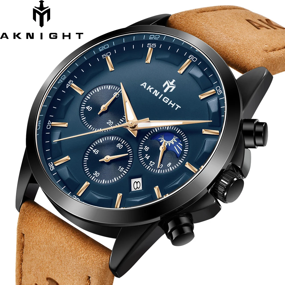 

AKNIGHT Watch for Man Quartz Movement Genuine Leather Strap Waterproof Watches Business with Date Chronograph Clock Reloj Hombre