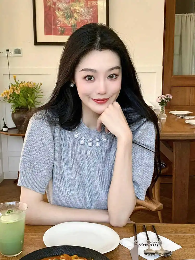 

American Retro Heavy Embellished Round Neck Knitwear Women's Slimming Short Stylish Top Round Neck Knit Sweater