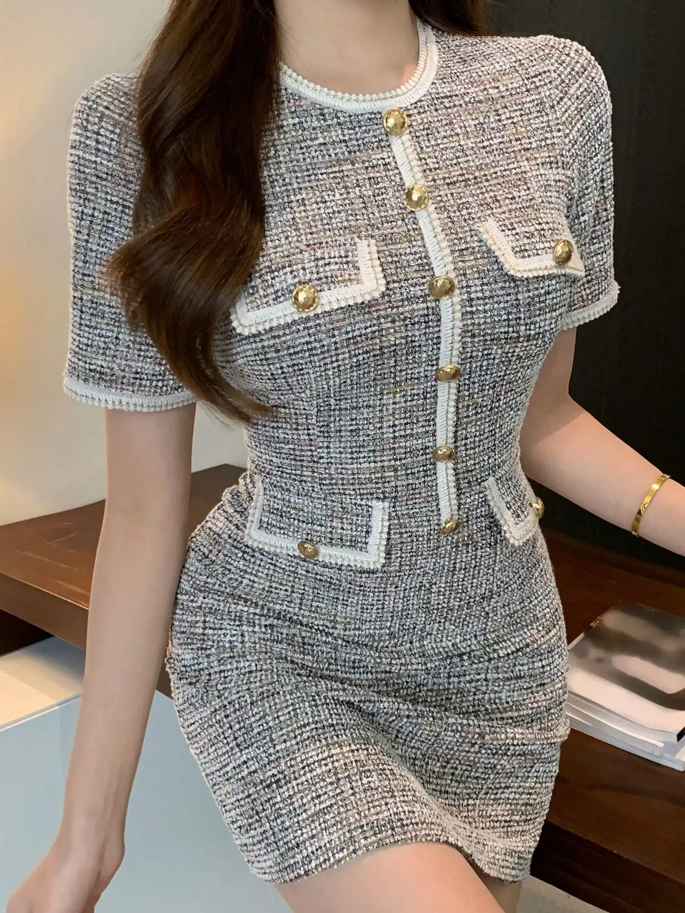 JHJN الزهور الخام تي شيرت فستان جيب زر اللون حجب الزراعة الذاتية نمط اجتماعي جاهزة تنورة قصيرة #3