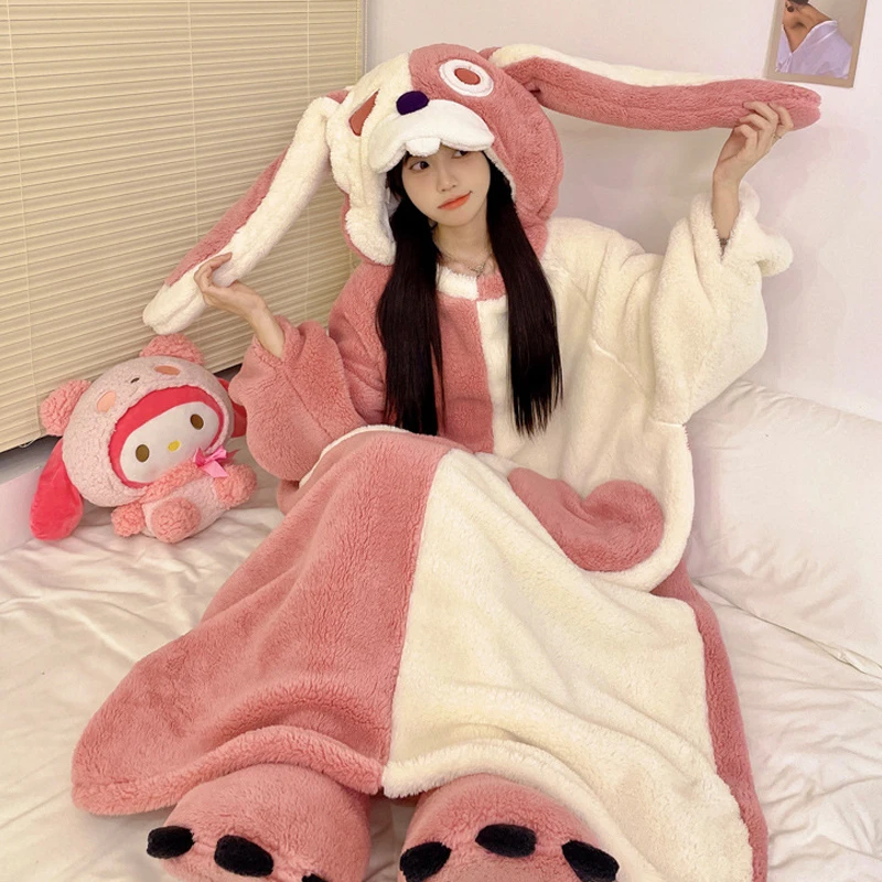 Funny Cartoon Coral Fleece Couple Pajamas Men's Women's Hooded Stitching Sweatshirt Thickened Plush Long Nightgown Home Clothes