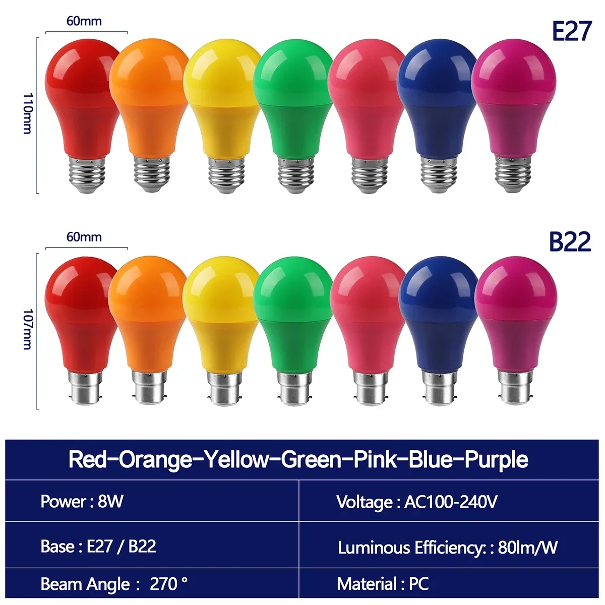 1 5 10 15 20PCS A60 E27 8W Wide Voltage Color LED Bulb Red Green Blue Yellow Orange Purple Pink CRI 80 For Home Deco Foyer Party
