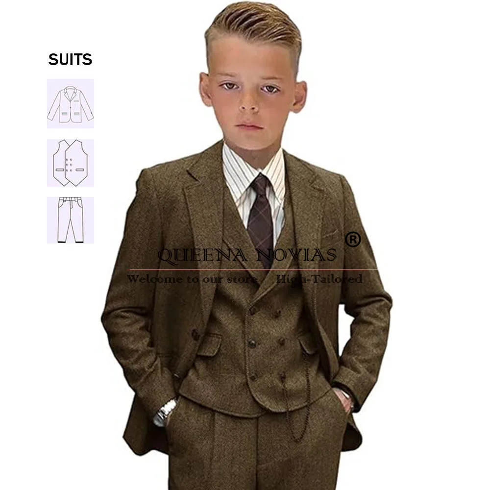 Abiti per bambini per ragazzi vestiti da festa formale set da 3 pezzi Tweed a spina di pesce Slim Fit bambini giacca da smoking da sposa pantaloni gilet