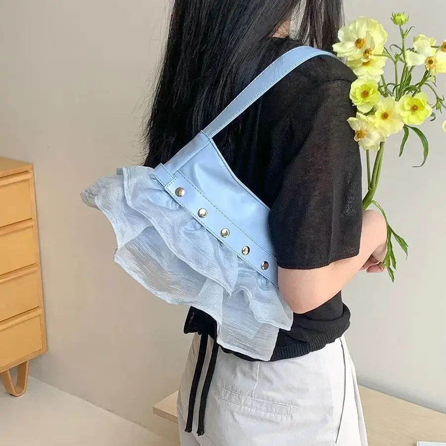

Sweet Mesh Splicing Handbag Summer Girls Versatile Shoulder Underarm Bag 2025 New Women's Korean Version Fashionable Rivet Bag