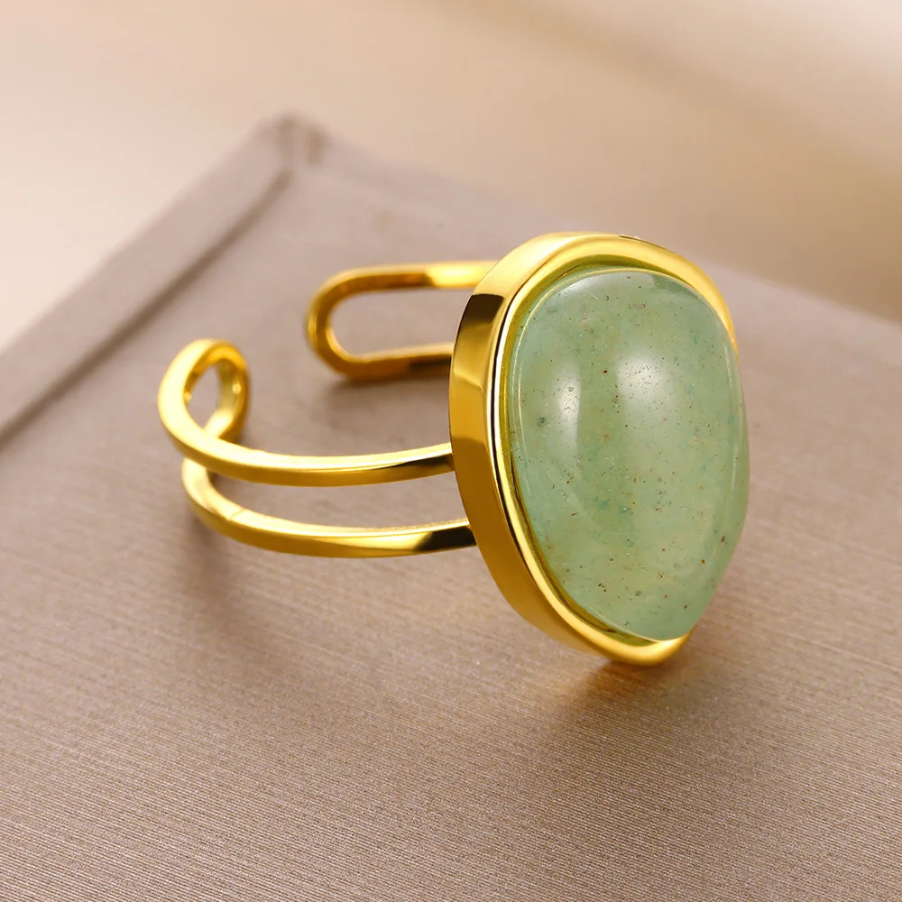 Opening Rings For Women Fashion Natural Stone Gold Color Stainless Steel Ring Vintage Adjustable Finger Jewelry Anniversary Gift