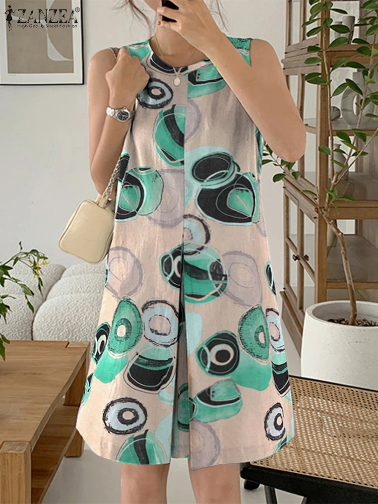 ZANZEA 여성 여름 코튼 린넨 미니 드레스 캐주얼 라운드 넥 민소매 인쇄 짧은 가운 휴가 데이웨어 Vestidos Mujer