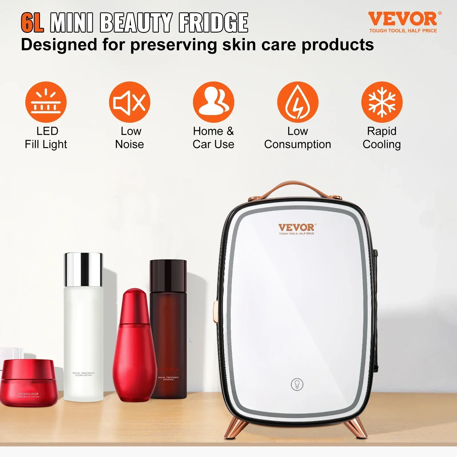 VEVOR 4L 6L 10L 20L Mini Cosmetic Fridge with Mirror, Portable Refrigeration Cooler for Home & Car, Compact Skincare Storage